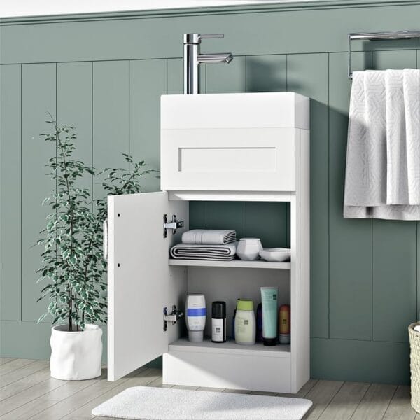 Modern Crawley White 400mm vanity unit with a sleek ceramic basin and storage cabinet