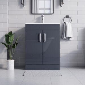 Front view of the New York Grey 600mm Vanity Unit with dual-door storage