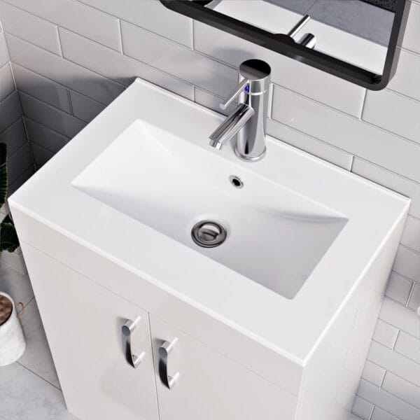 Close-up of white vanity basin with modern tap and smooth surface