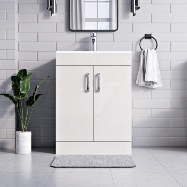 White 600mm vanity unit with storage and soft-close hinges