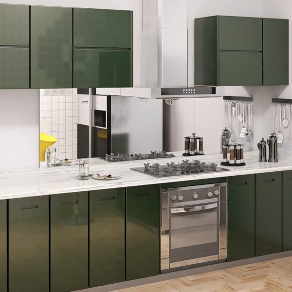 A sleek kitchen featuring the BELOFAY 6mm glass mirror splashback behind a stove, offering a stylish reflective surface that enhances the modern decor.