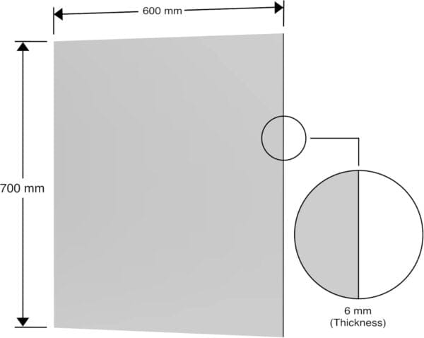 Diagram showing the dimensions of the BELOFAY glass mirror splashback with a thickness of 6mm and 60x70 cm size, ideal for kitchen and bathroom walls.