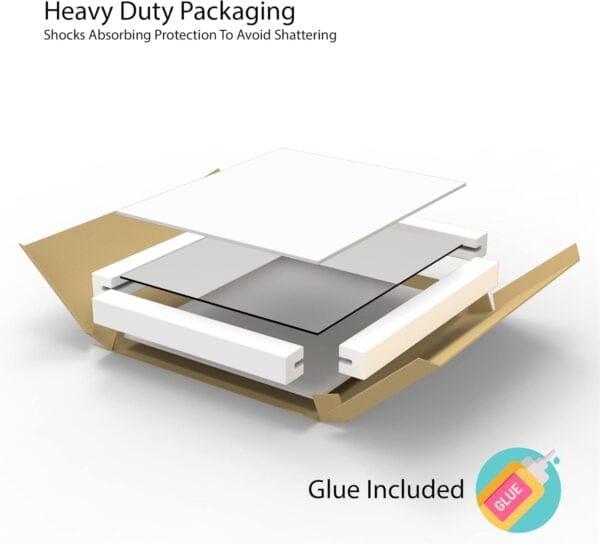 Close-up view of the BELOFAY glass mirror splashback packaging, showcasing heavy-duty shock-absorbing protection and glue for easy installation.