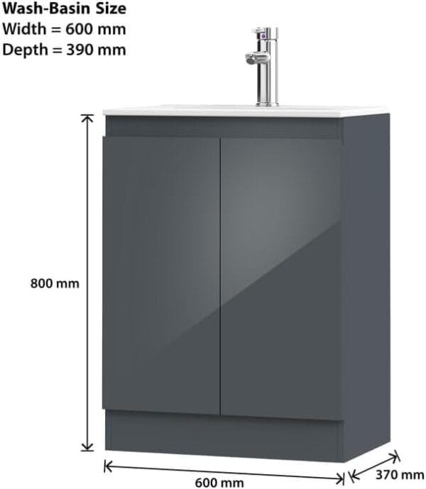 Denver Grey 600mm Vanity Unit with dimensions marked for width, depth, and height