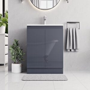 Denver Grey 600mm Vanity Unit with integrated ceramic basin and soft-close doors