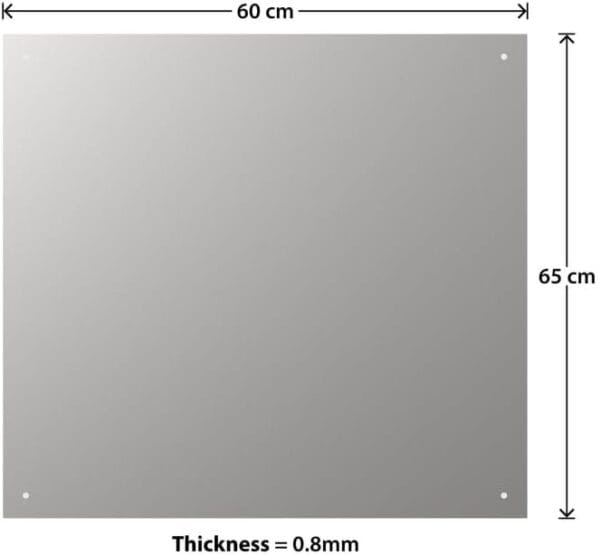 Dimensions of the stainless steel splashback, showing a width of 60 cm, height of 65 cm, and thickness of 0.8 mm