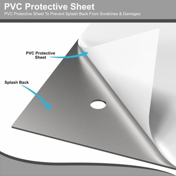 Close-up of a stainless steel splashback with a PVC protective sheet being peeled off to reveal the surface