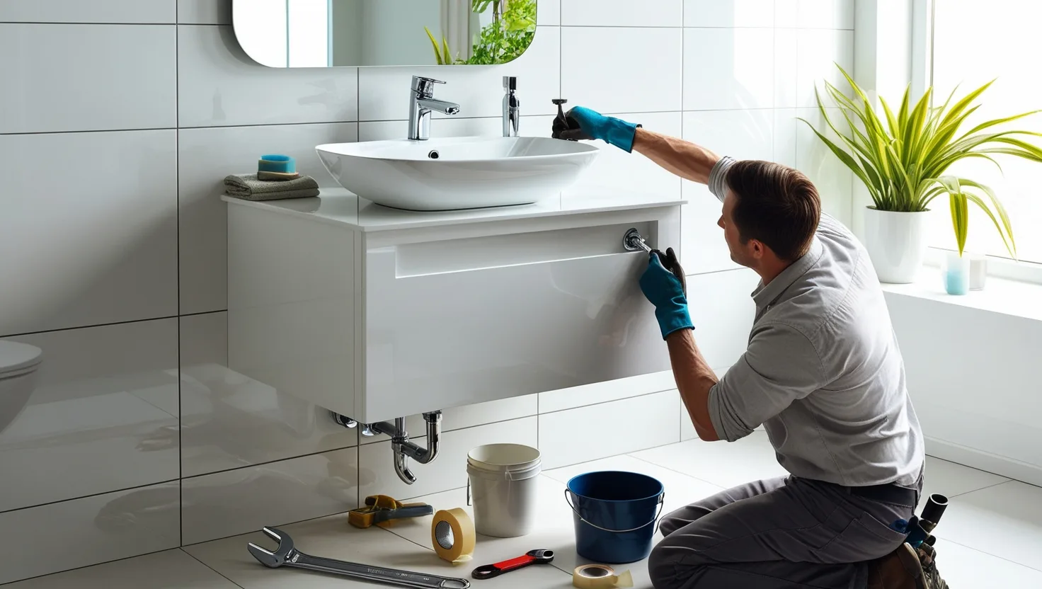 installing basin and tap to bathroom vanity unit