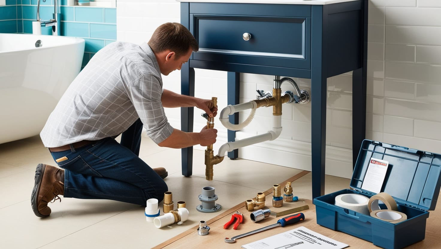 connecting the plumbing to bathroom vanity unit