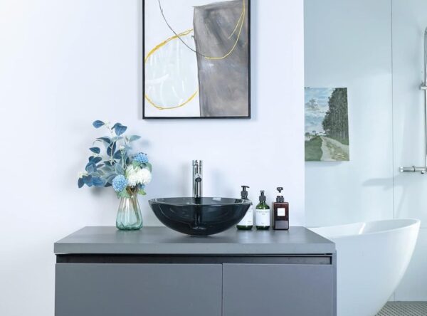 Black Glass Basin with Faucet and Drain