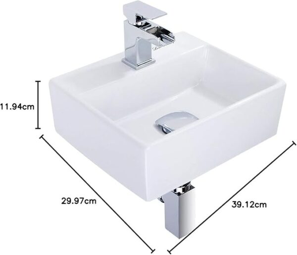 Modern square wall hung basin in white ceramic for bathrooms and cloakrooms