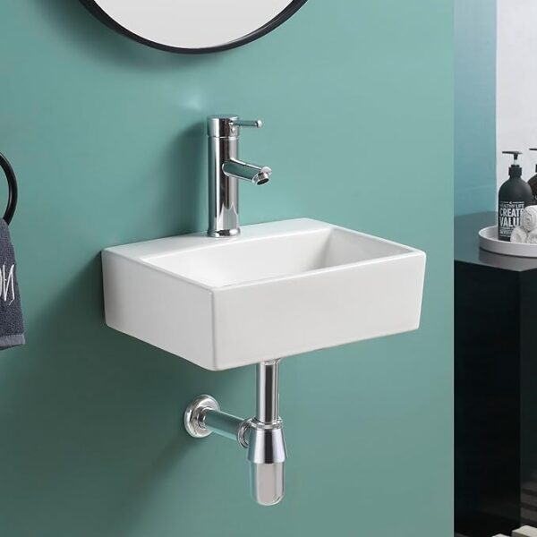 Modern square wall hung basin in white ceramic for bathrooms and cloakrooms