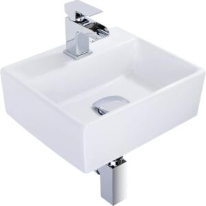 Modern square wall hung basin in white ceramic for bathrooms and cloakrooms