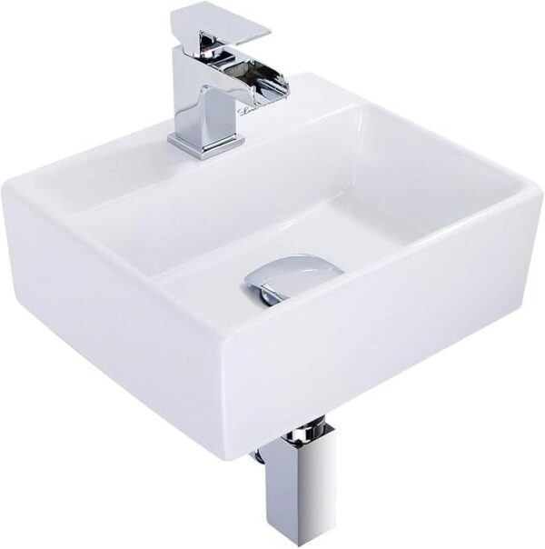 Modern square wall hung basin in white ceramic for bathrooms and cloakrooms