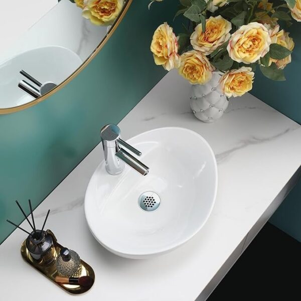 Sleek glossy white oval countertop basin for cloakrooms and vanities