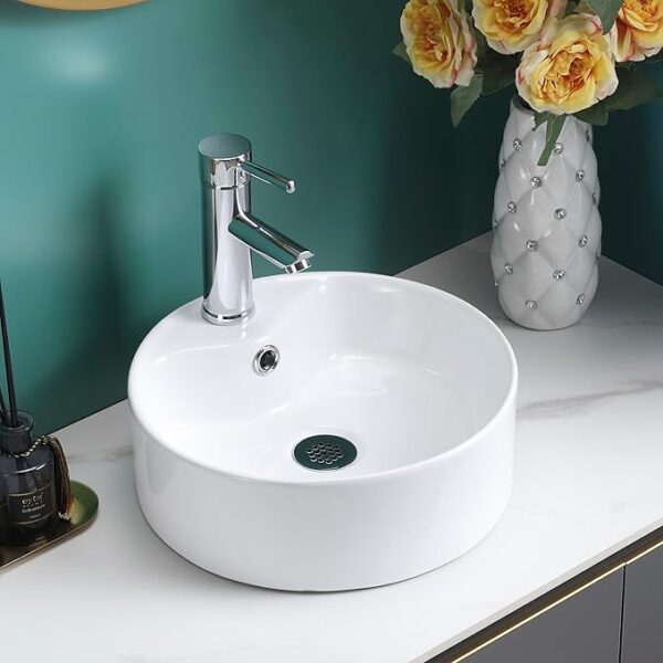 Stylish gloss white round counter top basin for contemporary bathrooms