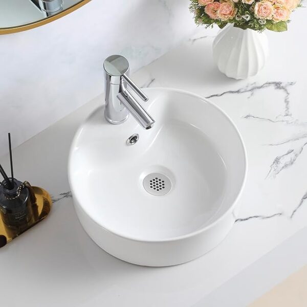 Stylish gloss white round counter top basin for contemporary bathrooms