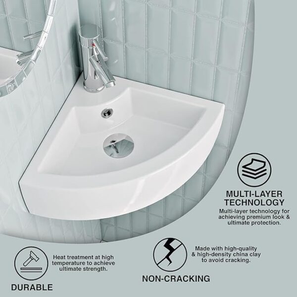 Wall mounted white ceramic corner basin for cloakrooms and bathrooms