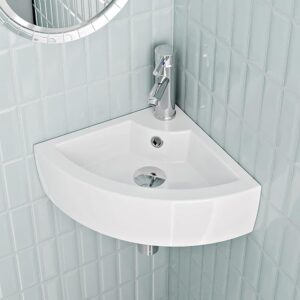 Wall mounted white ceramic corner basin for cloakrooms and bathrooms