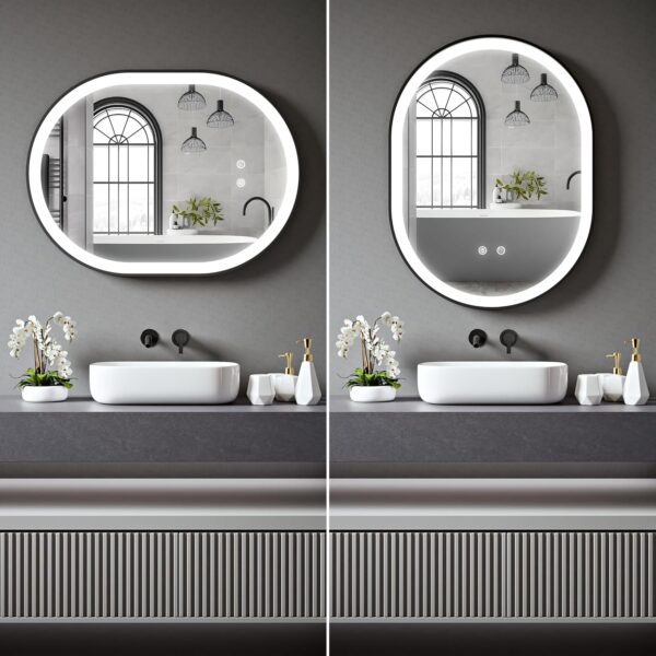 Amias 600x800mm LED bathroom mirror with touch sensor and anti-fog feature, mounted above a modern vanity unit