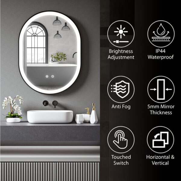 Amias 600x800mm LED bathroom mirror with touch sensor and anti-fog feature, mounted above a modern vanity unit