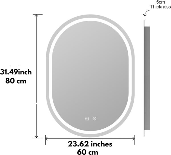 Side view of Amias 600x800mm LED bathroom mirror with 5cm thickness, showcasing its slim profile and sleek design