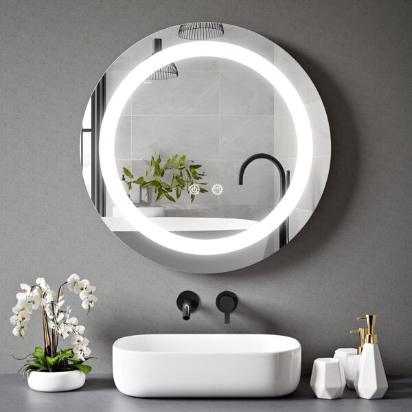 Close-up of BELOFAY 600mm round LED bathroom mirror with illuminated border, touch controls, and frameless design