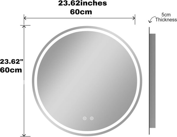 Dimensions of the BELOFAY 600mm round LED bathroom mirror, showcasing its slim 5cm thickness and modern design