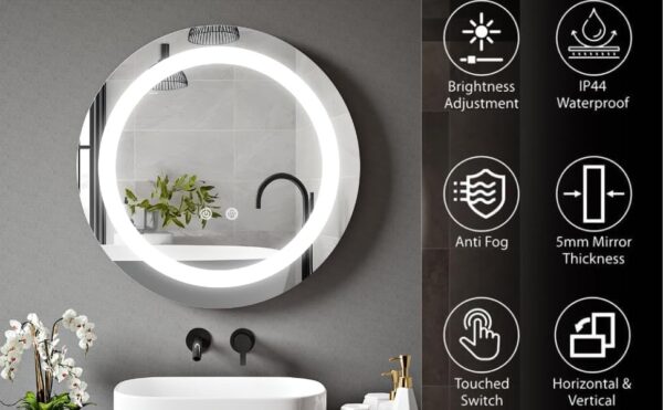 BELOFAY 600mm round LED bathroom mirror with anti-fog feature, touch sensor, brightness adjustment, and IP44 waterproof rating