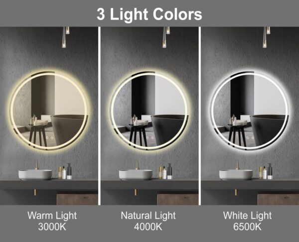 BELOFAY 600mm round LED bathroom mirror with three adjustable light colors: warm 3000K, natural 4000K, and white 6500K